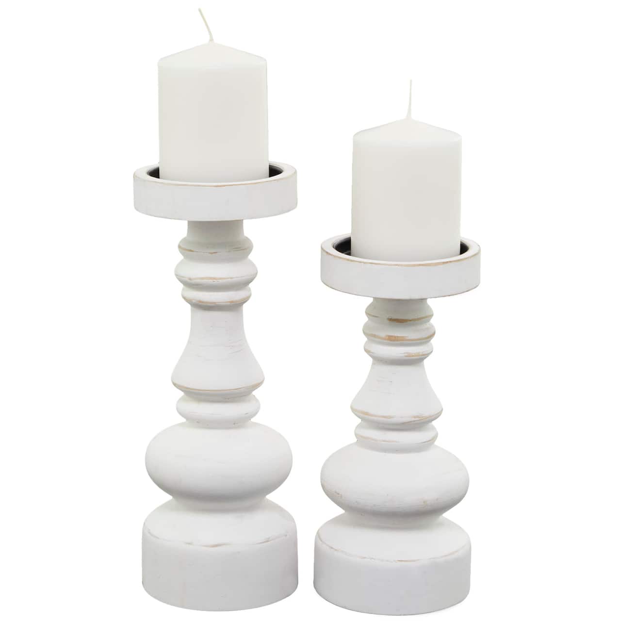 White Wood Turned Style Pillar Candle Holder Set